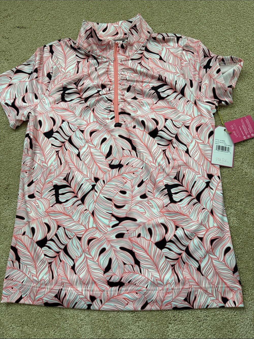 Half-Zip Short Sleeve Tee - Pink Leaf Print